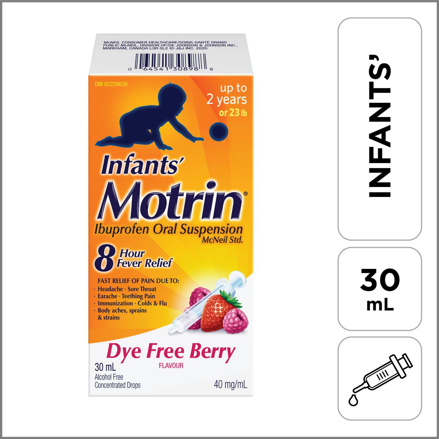 Motrin Nourrissons Suspension orale d’ibuprofène, gouttes concentrées, saveur de petits fruits, sans colorant, 30 ml