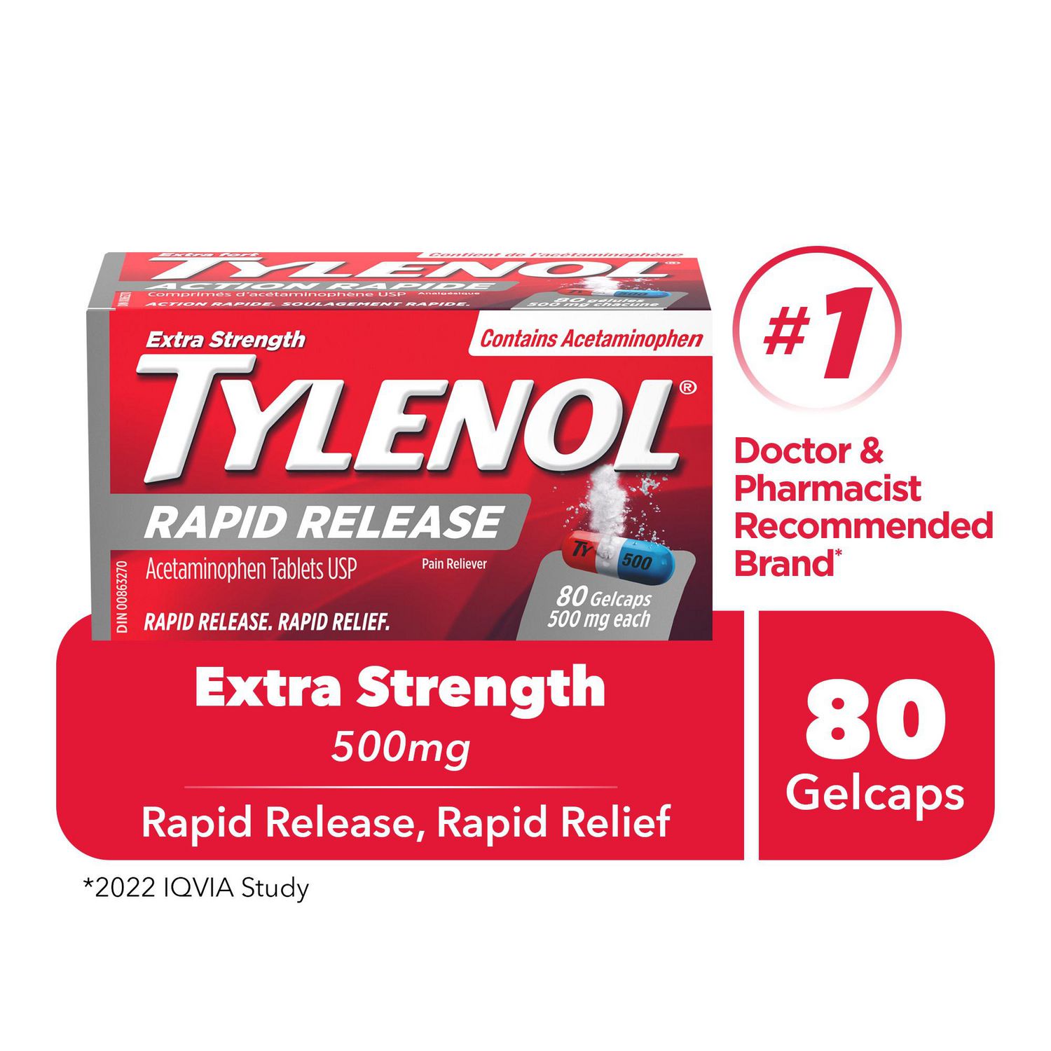 Tylenol Extra fort Action rapide en gélules à 500 mg. Soulage le mal de tête, la douleur et la fièvre, 80 gélules