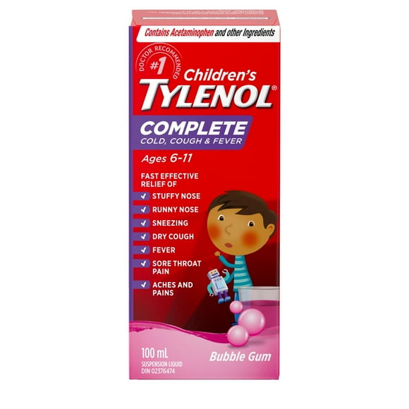 Tylenol pour enfants, Complet, Rhume, toux et fièvre, suspension orale, éclats de gomme à bulles 100 ml