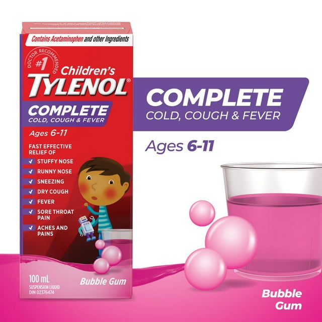 Children’s Tylenol Complete Cold, Cough & Fever Suspension Liquid, Bubble Gum Burst, 100 mL
