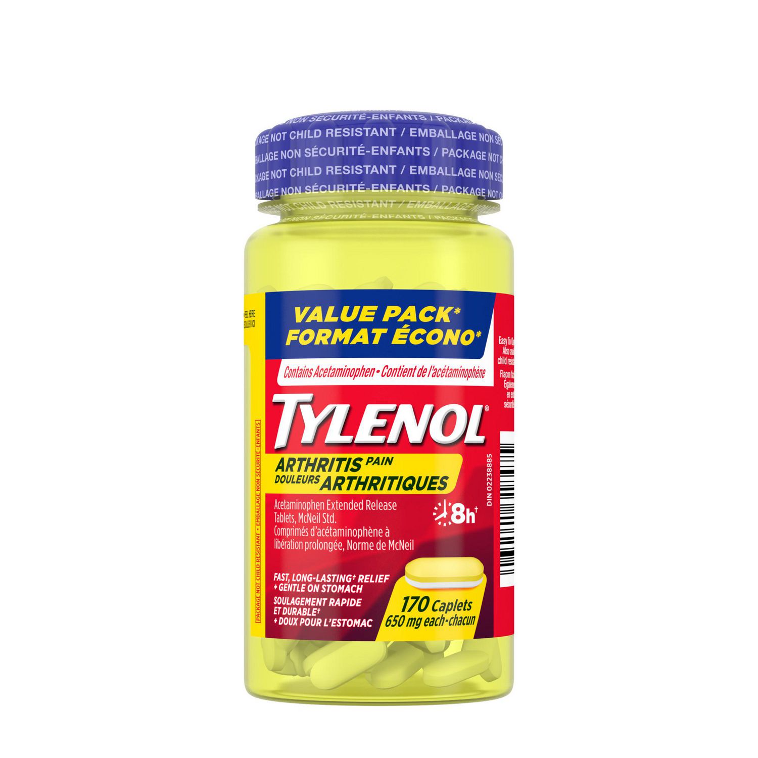 Caplets de 650 mg de Tylenol pour le Soulagement de la Douleur Arthritique à l'Acétaminophène, Bouteille en Plastique Orientée vers l'Avant de 170 Unités avec Marquage Tylenol et Étiquette Notant 650 mg d'Acétaminophène et Caplets à Libération Prolongée à Double Couche pour le Soulagement de la Douleur Arthritique; Caplets Oblongues Blancs Visibles, Bouteille de 170 Unités avec Couvercle Résistant aux Enfants.