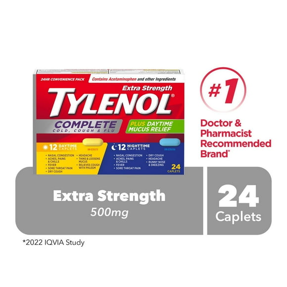Tylenol Extra Strength Complete Cold, Cough & Flu Caplets, Day & Night, Convenience Pack, Relieves Cough Cold & Flu symtoms, 24 count
