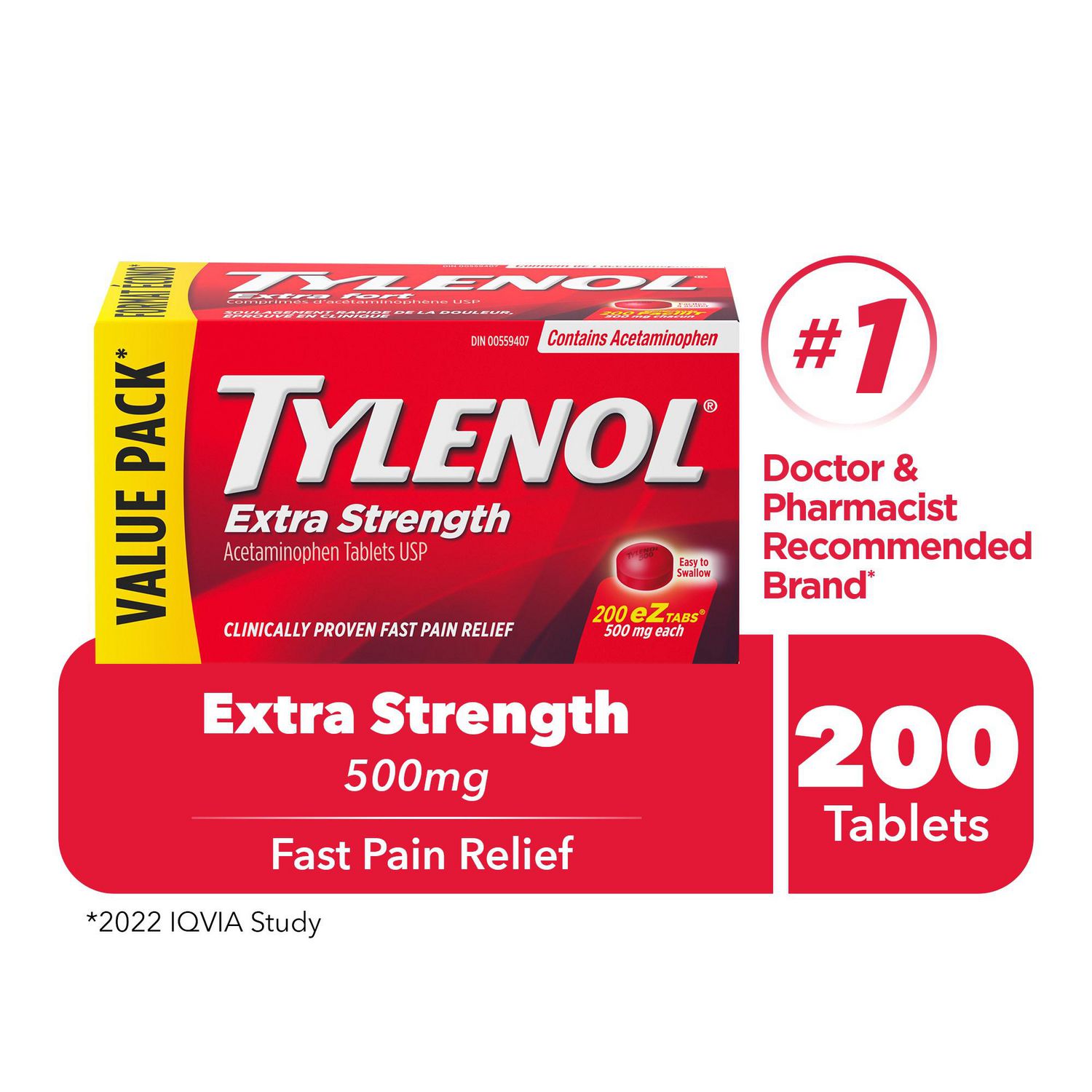 Tylenol Pain Relief Medicine, Headache and Pain Reliever and Fever Reducer, Extra Strength, Acetaminophen eZ Tabs, 500 mg, 200 Count front-facing bottle with Tylenol® label, 200-count of white, easy-to-swallow acetaminophen tablets (500 mg) for headache, tension headache, mild to moderate migraine, arthritis pain, muscle strains, menstrual cramps and fever reduction.
