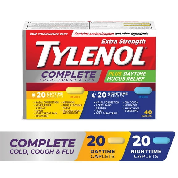 Tylenol Extra Strength Complete Cold, Cough & Flu Caplets, Day & Night, Convenience Pack, Relieves Cough Cold & Flu symptoms, 40 Caplets