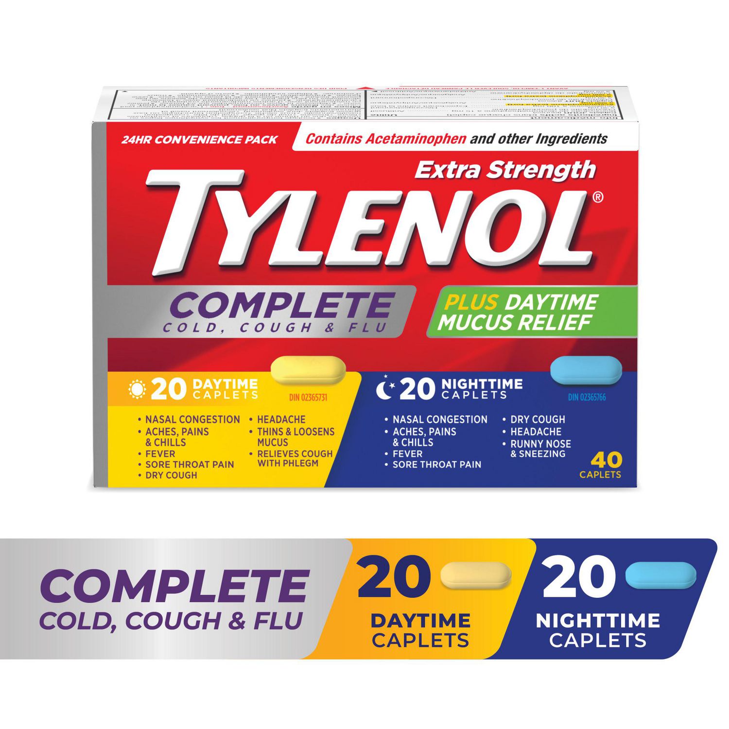Tylenol Extra Strength Complete Cold, Cough & Flu Caplets, Day & Night, Convenience Pack, Relieves Cough Cold & Flu symptoms, 40 Caplets
