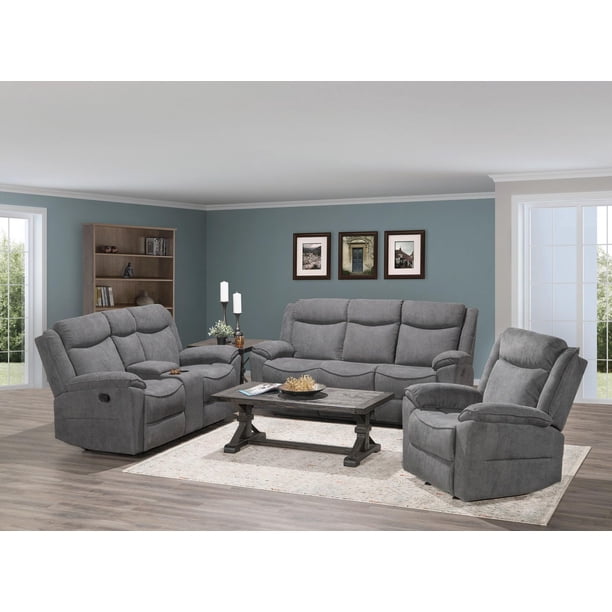 Topline Home Furnishings Soft Grey Double Reclining 3pc Sofa Set