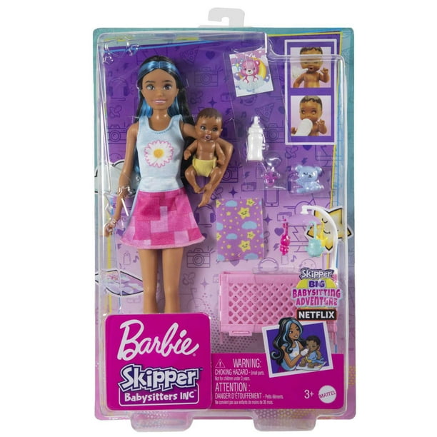 Barbie Coffret poupée Skipper Baby-Sitter brune, avec figurine de