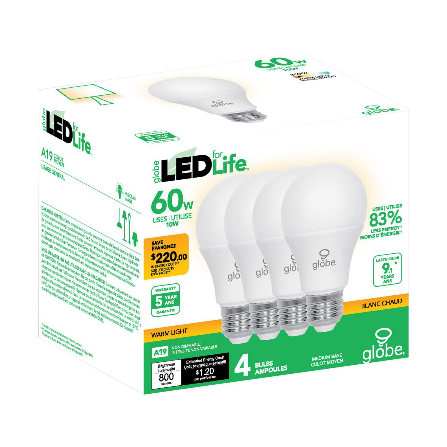 Globe Electric 60W Equivalent Warm White (3000K) A19 Non-Dimmable