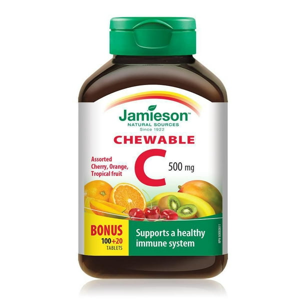 Jamieson Vitamine C à croquer 500 mg - 3 saveurs assorties 100 + 20 comprimés à croquer