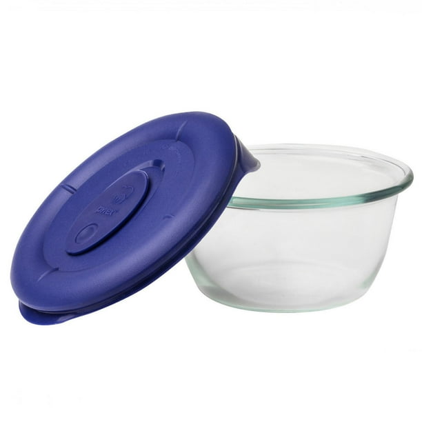 Contenant rond en verre de 1.6 tasses avec couvercle bleu en plastique de Pyrex Pro
