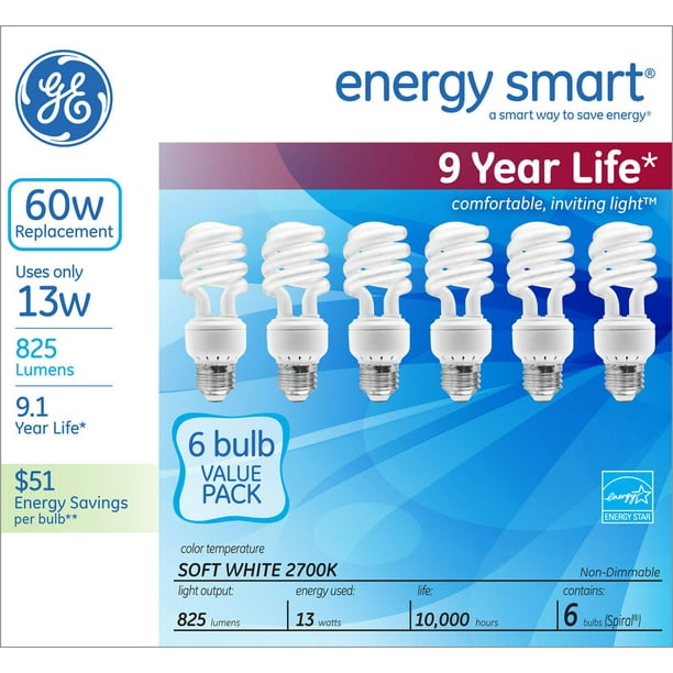 Lampe LFC GE Éclairage energy smart® 13 W pour le remplacement d'une 60 W,  paq. de 6