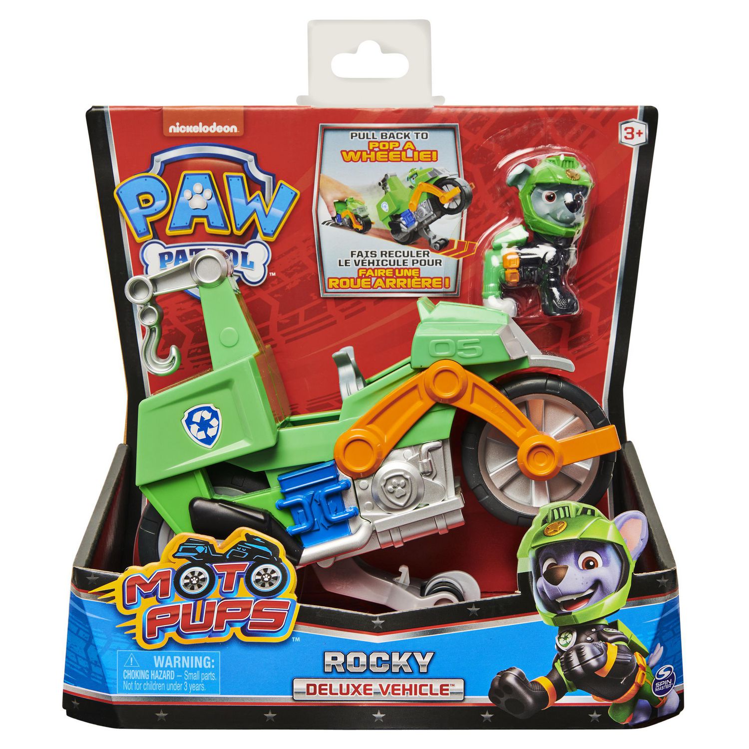 PAW Patrol, Moto Pups Rocky’s Deluxe Pull Back Motorcycle Vehicle with  Wheelie Feature and Figure