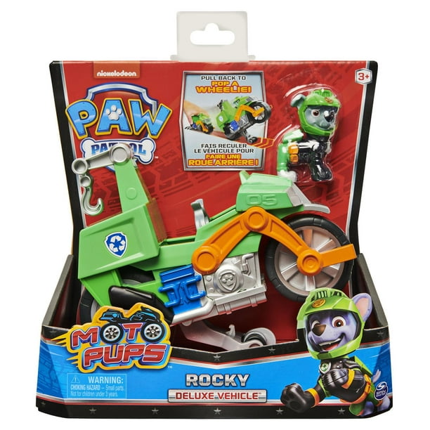 PAW Patrol, Moto Pups Rocky's Deluxe Pull Back Motorcycle Vehicle with  Wheelie Feature and Figure 