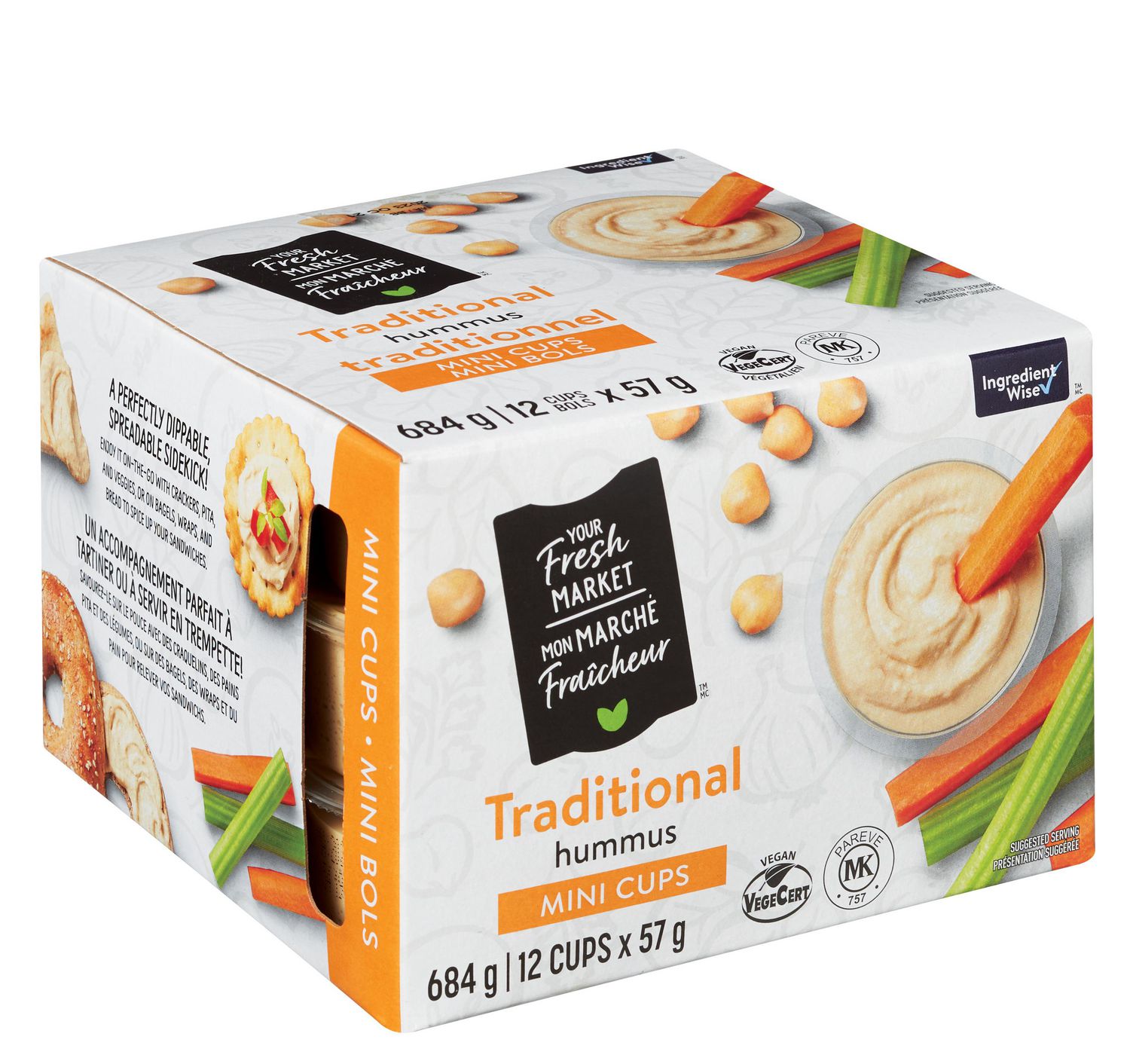 Mon marché fraîcheur Coupes Mini Traditionnelles d'Humus 12 Coupes à Portion Individuelle, Vue Frontale de Coupes Mini Rondes avec Couvercles Pelables Montrant de l'Humus beige et Étiquette visible Your Fresh Market; Ingrédient WiseTM (Aucun Colorant Synthétique, Arôme Artificiel Ni Édulcorant, Huile Hydrogénée, MSG), Casher, Fabriqué au Canada - Convient aux Collations Emballées avec des Carottes Bébé Ou de la pita.