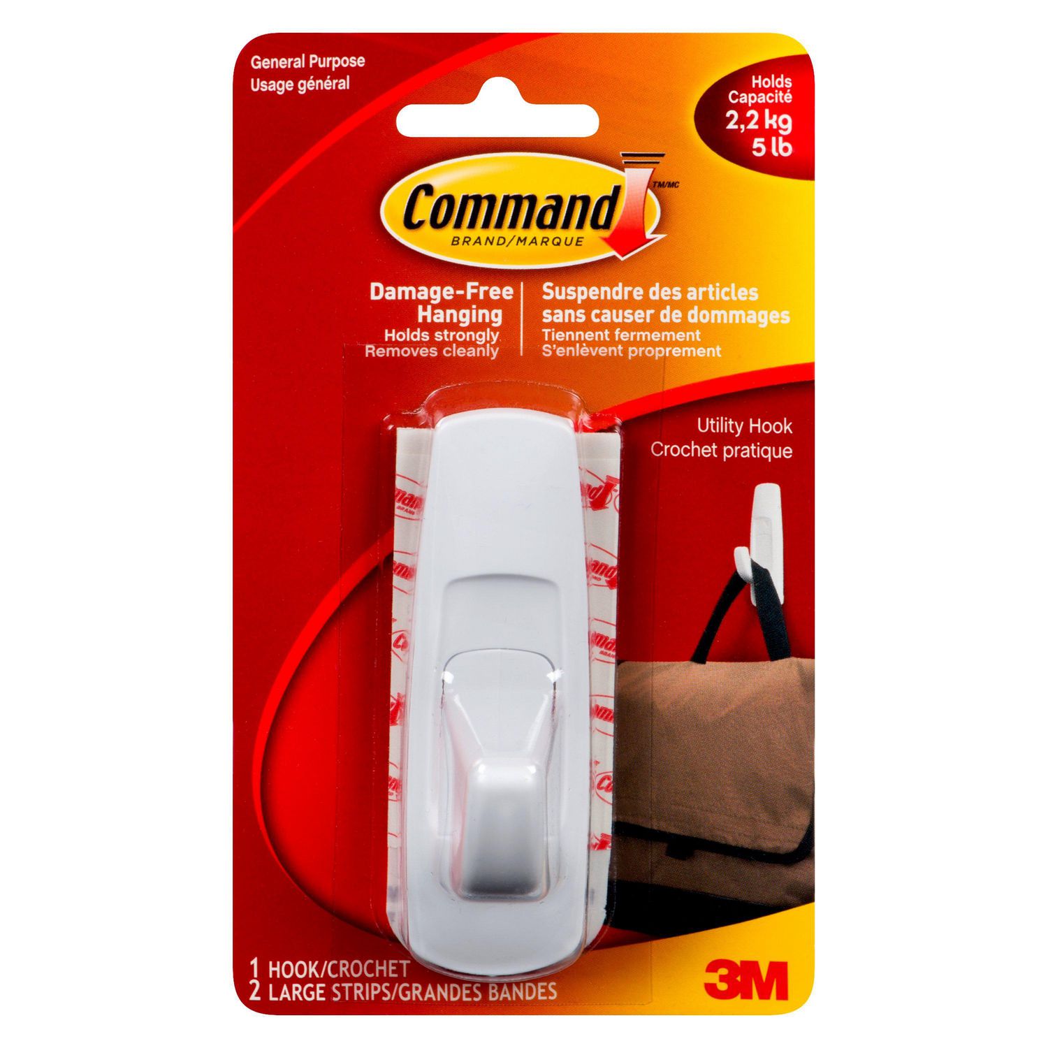 Command™ Large Utility Hooks, 17003C, White, 1 Lg Hook, 2 Strips