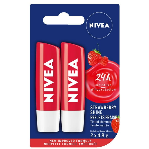 NIVEA Baume à lèvres Reflets fraise 24H d'hydratation, Paquet Duo 2x4,8g
