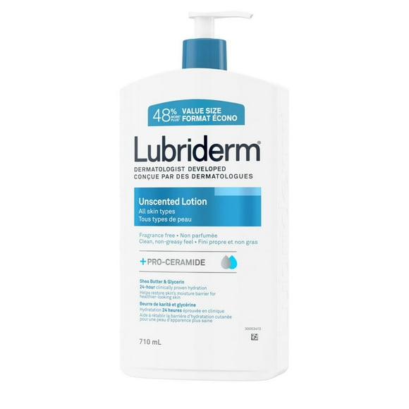 Lotion Lubriderm non parfumée, Beurre de karité et glycérine, Peau sèche, Hydratant pour les mains et le visage, Sans parfum 710 ml
