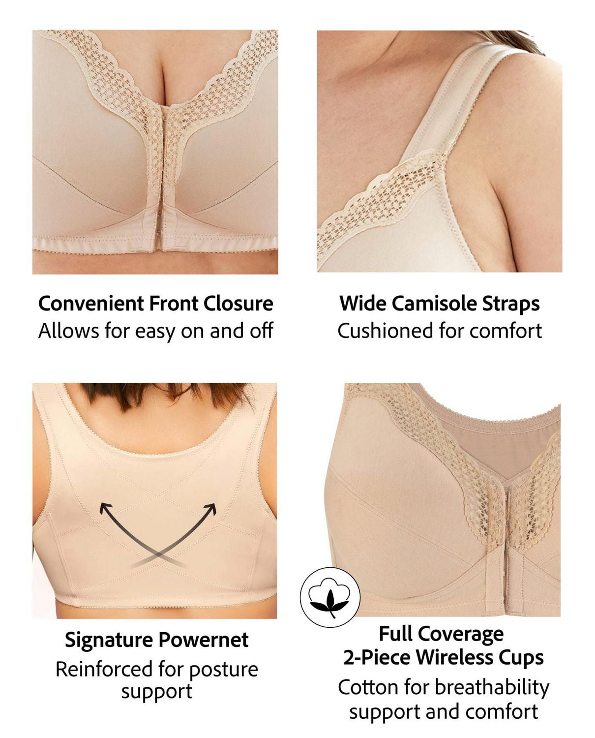 Exquisite FORM® entièrement -#9600531 Soutien-gorge de posture couvrant, à bonnets souples et en coton, dentelle, fermeture sur le devant, sans fil Tailles Disponibles 38C