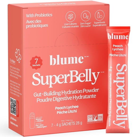 BLUME Superbelly Gut Health-Building Hydration Powder with Pre/Probiotics & Electrolytes - Peach Lychee Flavoured