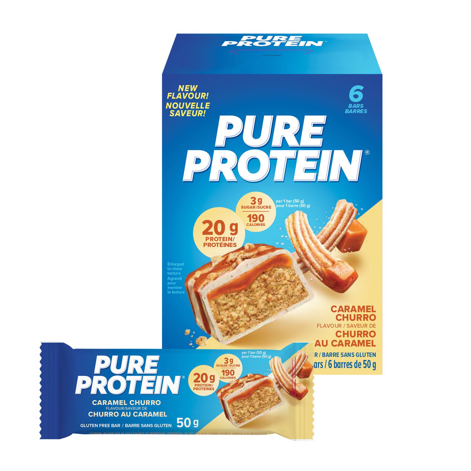 Pure Protein Caramel Churro Bars - Nutritious, Low Sugar, Gluten Free snack with Whey Protein Blend, Made in Canada, 6 x 50 g