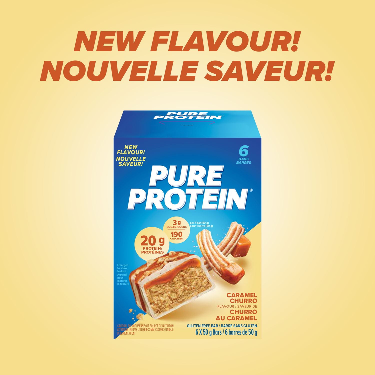 Barres de Churro au Caramel Pure Protein - Encas nutritif, faible en sucre, sans gluten avec un mélange de protéines de lactosérum, fabriquées au Canada, 6 x 50 g Barre protéinée caramel