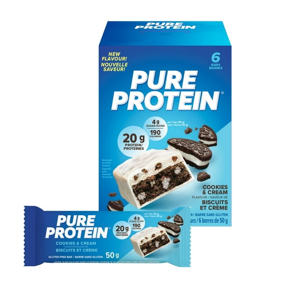 COOKIES & CREAM, 20 g of protein, gluten free, 6 X 50 g bars, New Look! Pure Protein bars feature the winning combination of high protein and great taste.