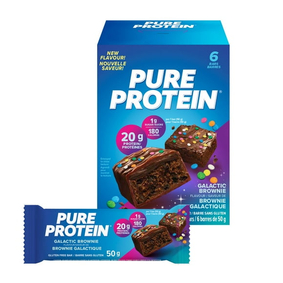 GALACTIC BROWNIE, 20 g of protein, gluten free, 6 X 50 g bars, New Look! Pure Protein bars feature the winning combination of high protein and great taste.