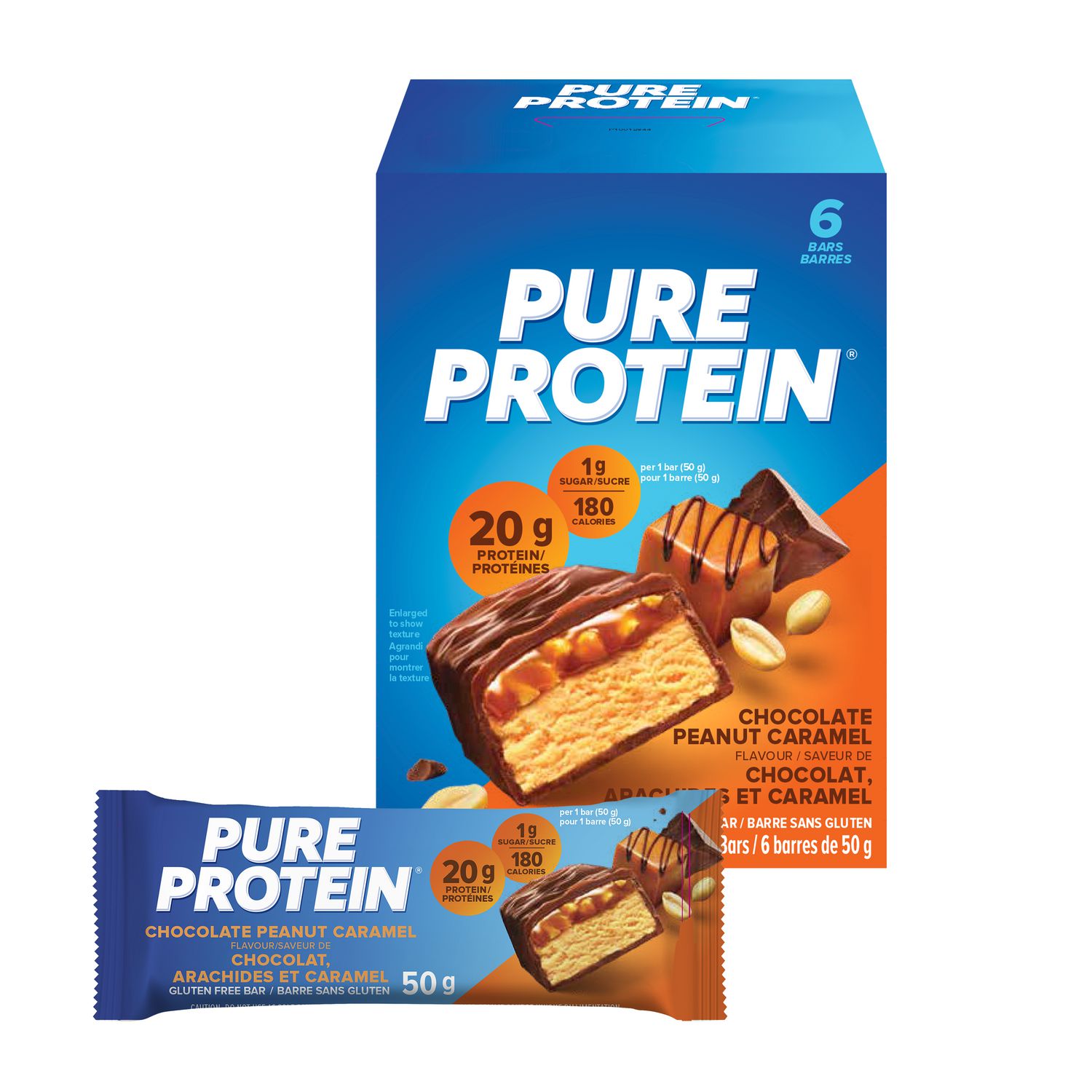 Pure Protein Chocolate Peanut Caramel Bars - 20 g Protein, Low Sugar, Gluten Free Snack, Made in Canada, 6 x 50