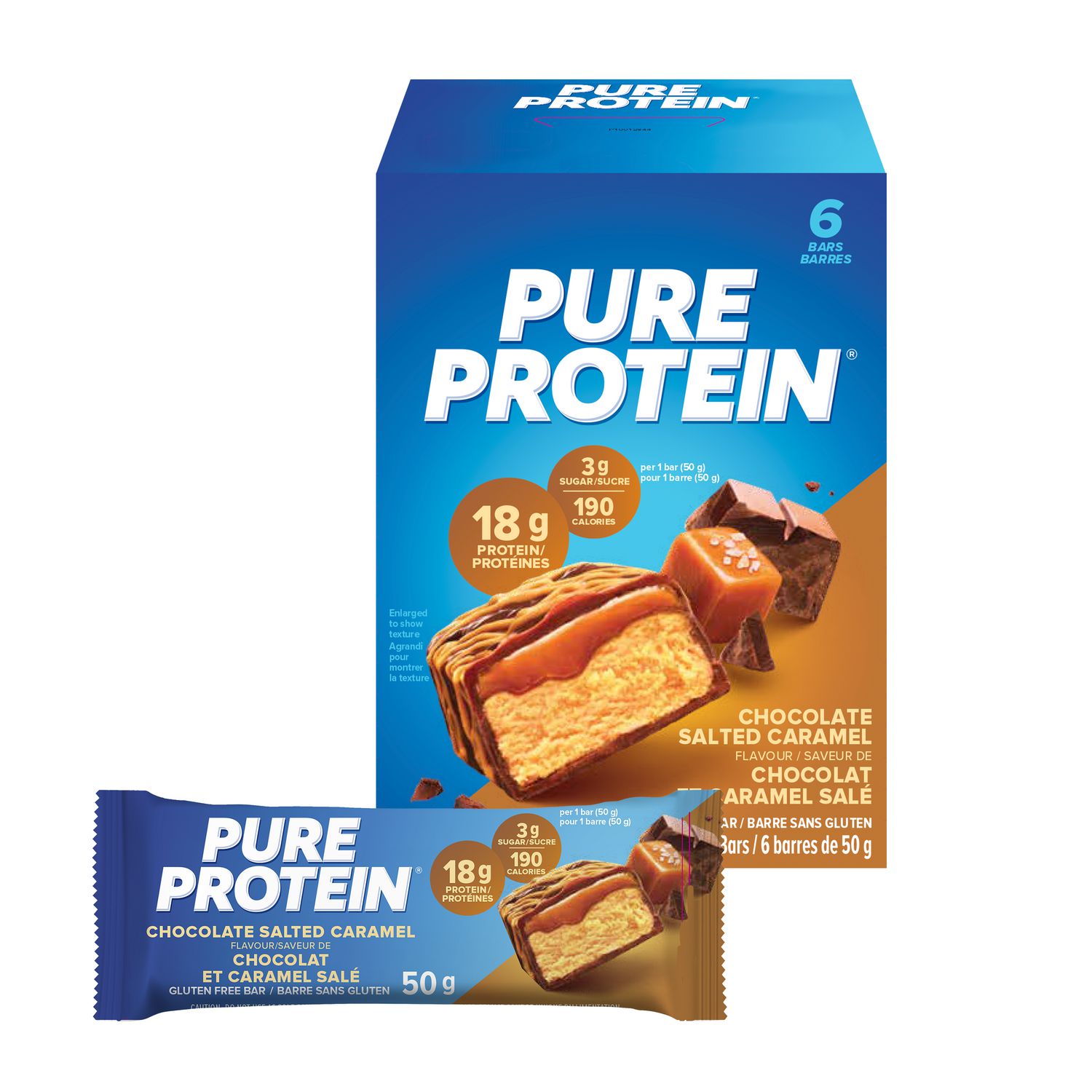 Pure Protein Chocolate Salted Caramel Bars - 18 g Protein, Low Sugar, Gluten Free Snack with Whey Blend, Made in Canada, 6 x 50 g