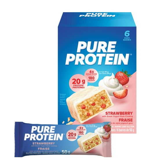Pure Protein Strawberry Bars - 20 g Protein, Low Sugar, gluten Free Snack with Whey Blend, Made in Canada, 6 x 50 g, Strawberry protein bar