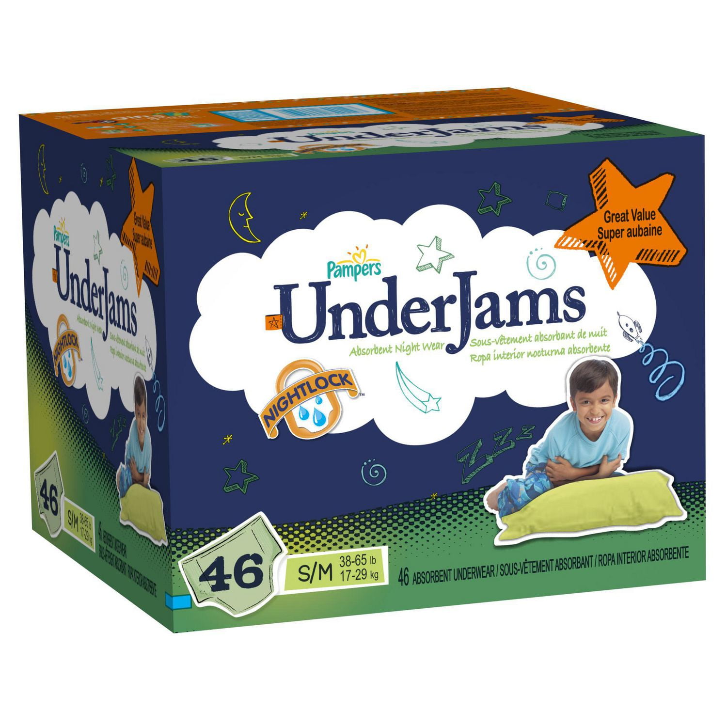 Pampers UnderJams Absorbent Boys' Night Wear Great Value Pack Walmart