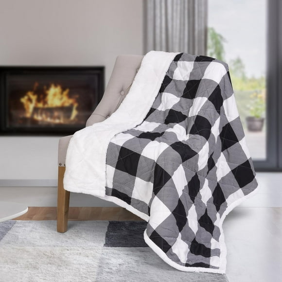 Safdie & Co. Premium Ultra Soft Oversized Quilted Throw Blanket Black Buffalo Plaid