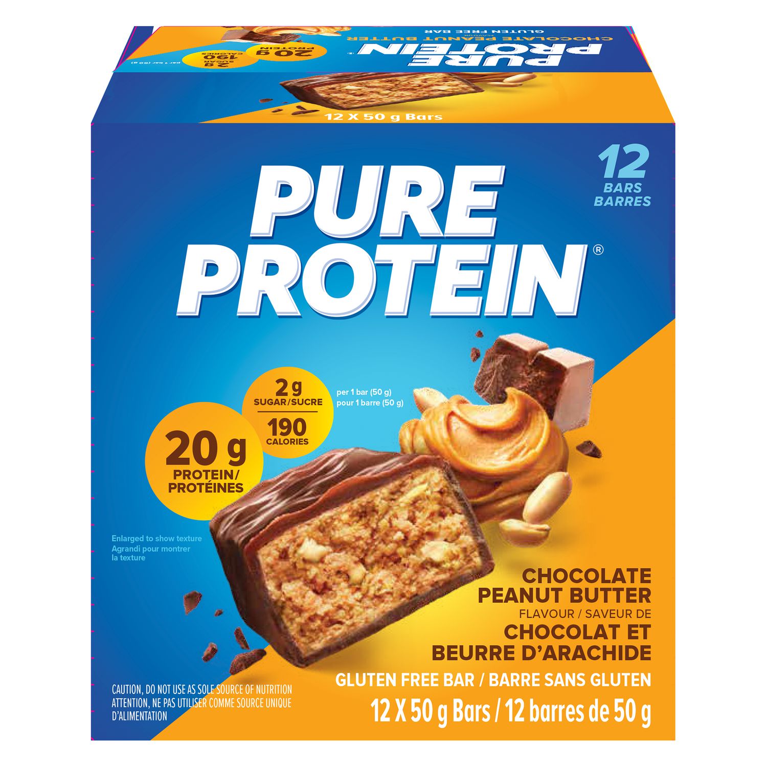 CHOCOLATE PEANUT BUTTER, 20 g of protein, gluten free, 12 X 50 g bars