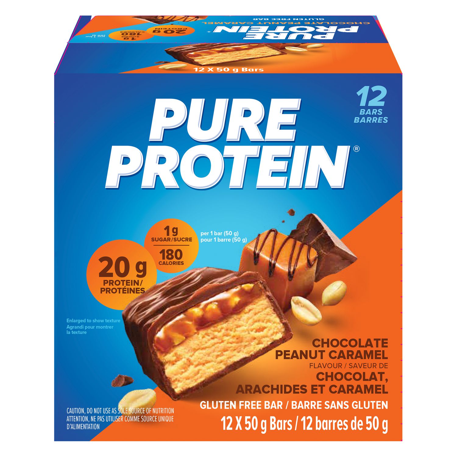 CHOCOLATE PEANUT CARAMEL, 20 g protein, gluten free, 12 X 50 g bars