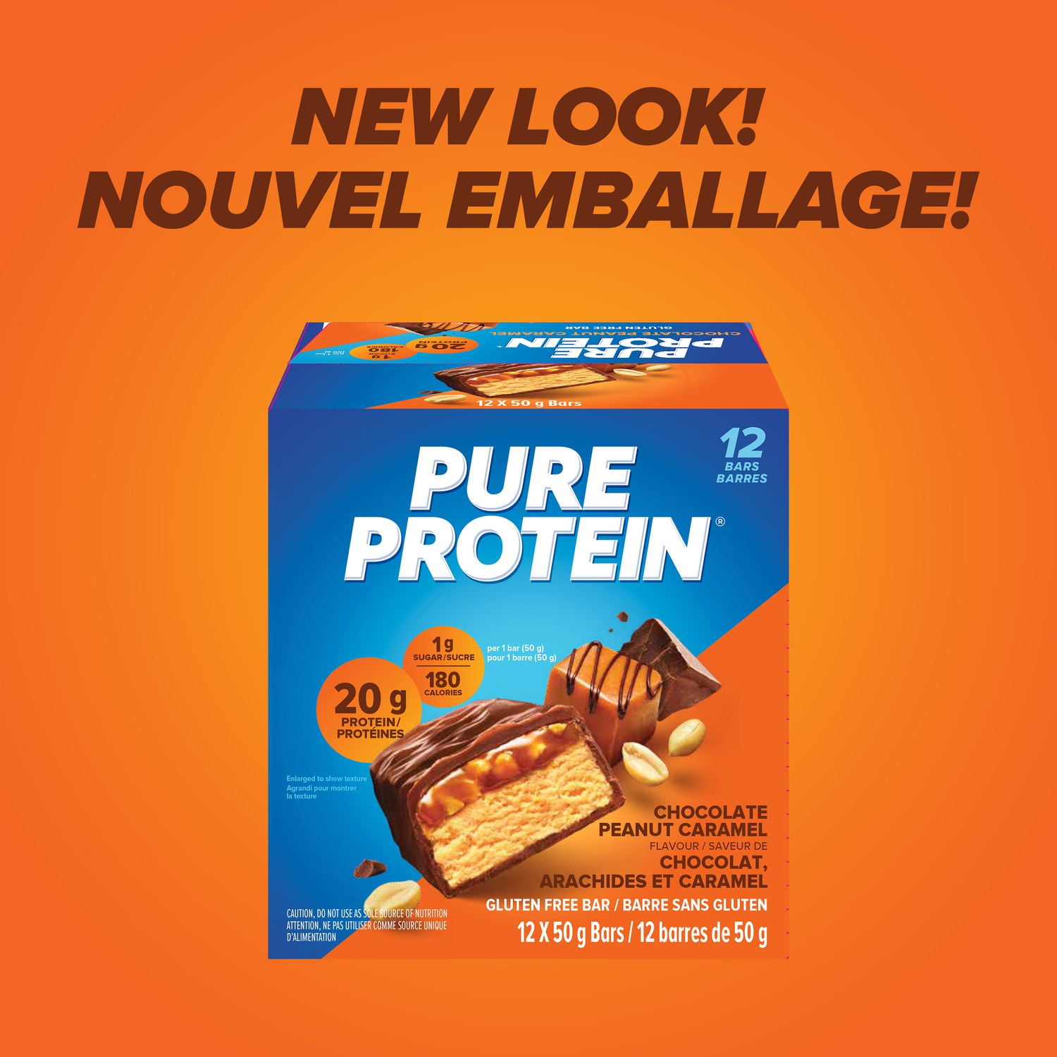 CHOCOLATE PEANUT CARAMEL, 20 g protein, gluten free, 12 X 50 g bars