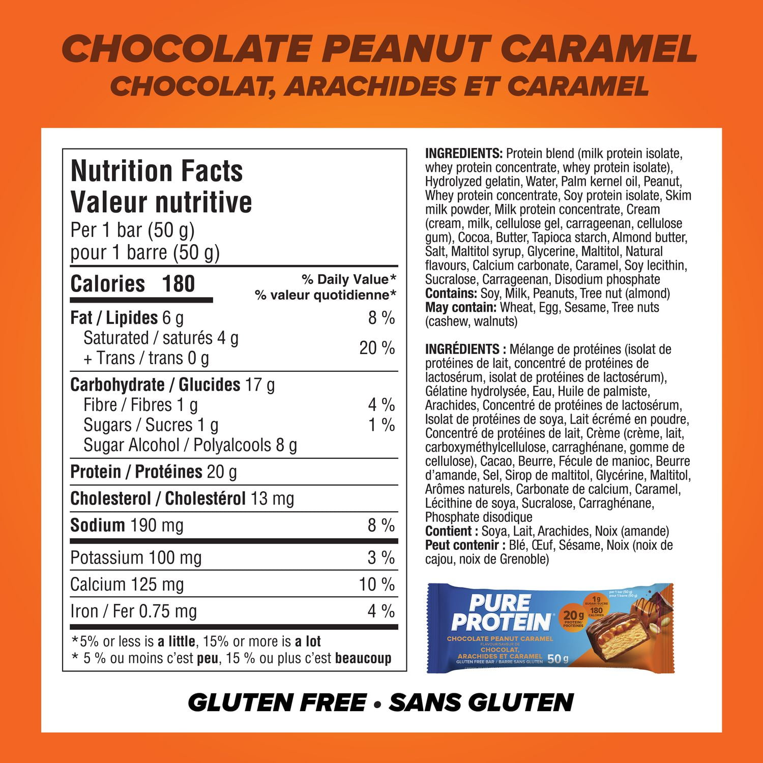 CHOCOLATE PEANUT CARAMEL, 20 g protein, gluten free, 12 X 50 g bars