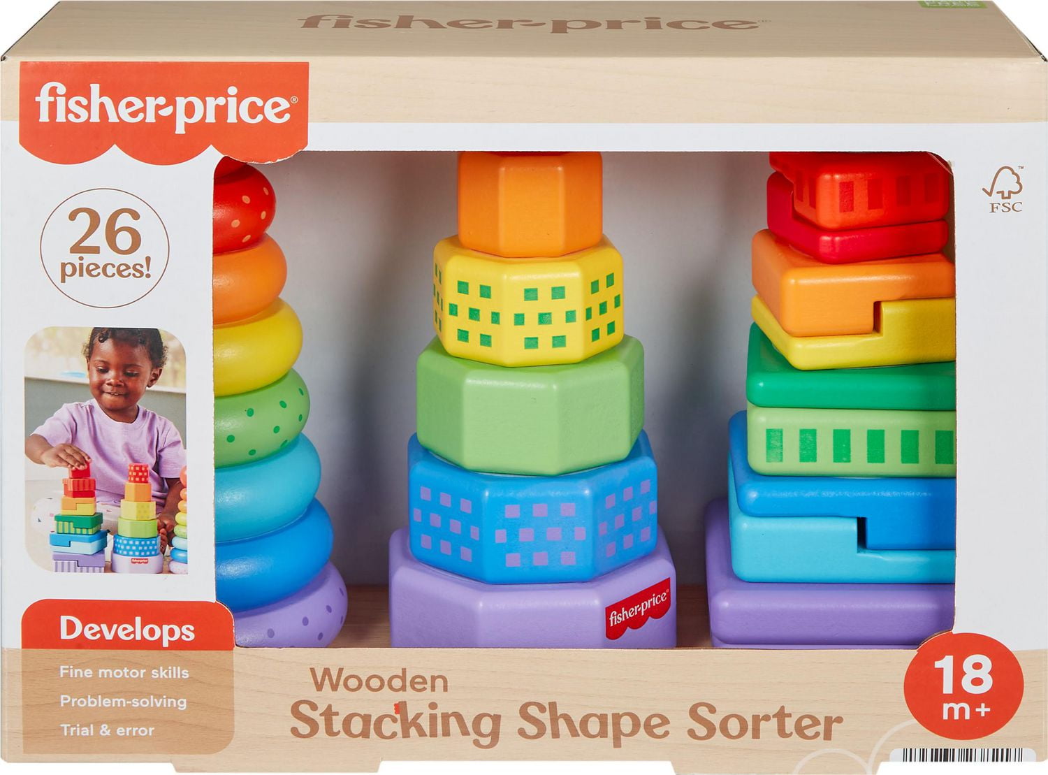 Fisher Price Wooden Stacking Shape Sorter Toddler Fine Motor Toy 26 Wood pieces Ages 18 24 Months Walmart