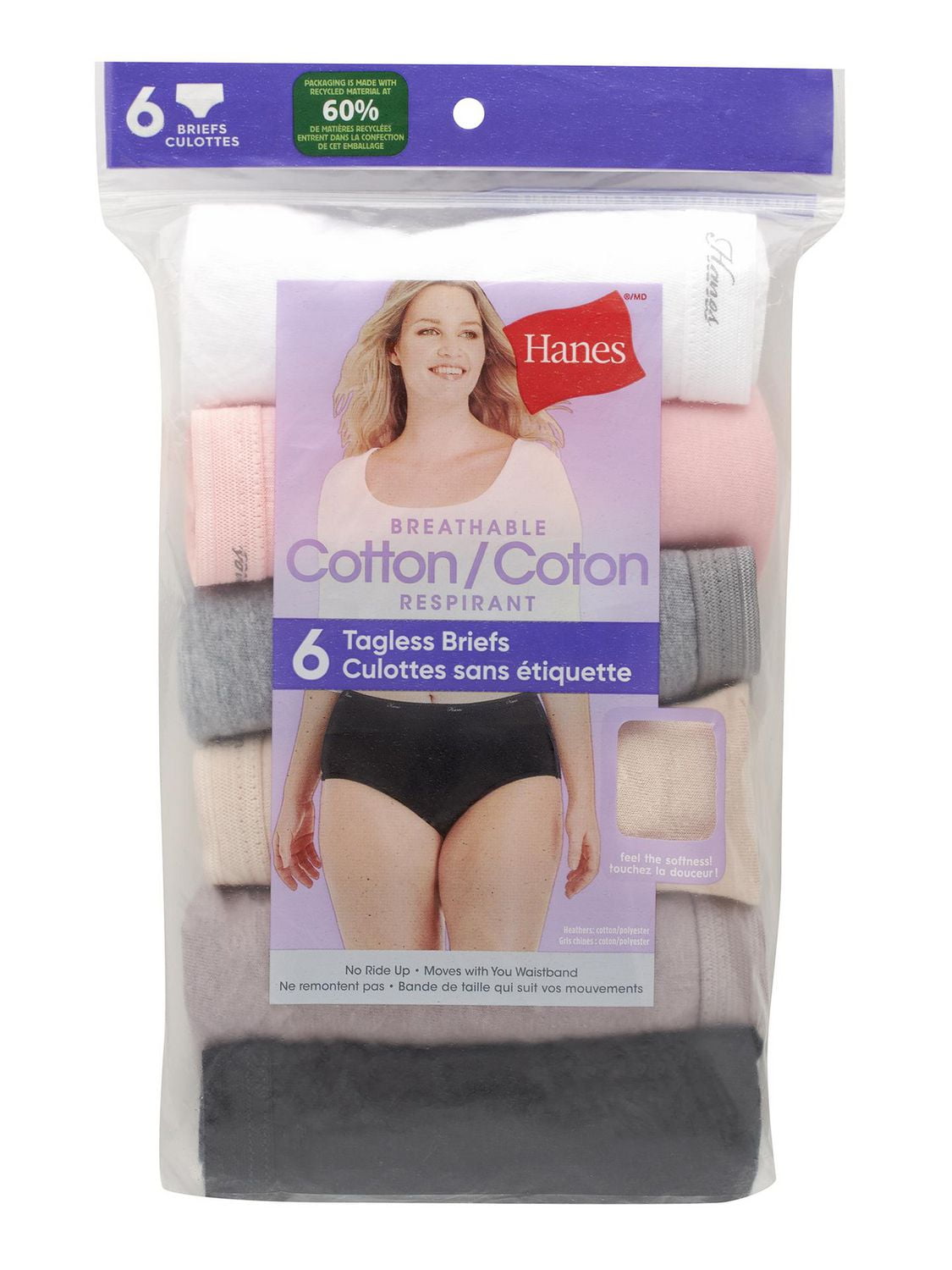 Paquet de 6 culottes base Hanes pour femmes Tailles P-2TG