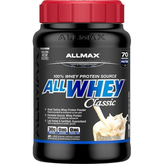 Poudre protéinée Classic Allwhey d'Allmax à la vanille française mélangé au protéine de lactosérum