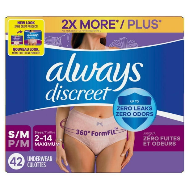 Always Discreet Adult Incontinence Underwear for Women and Postpartum  Underwear, S/M, Up to 100% Bladder Leak Protection,, 42CT