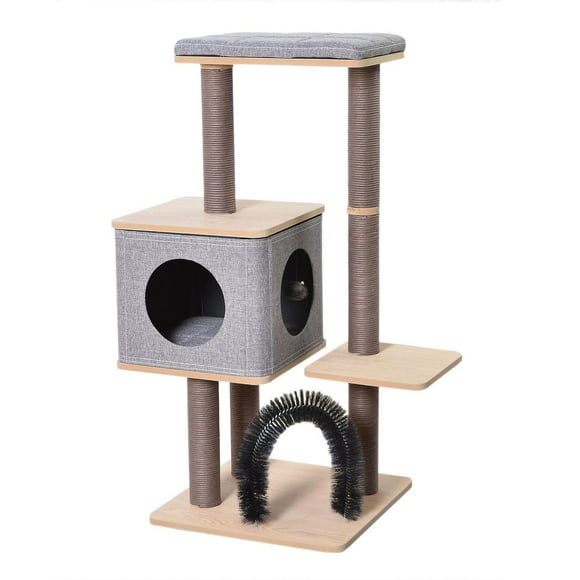 Catry Elevate Modern Wooden Cat Tree with Condo & Groomer