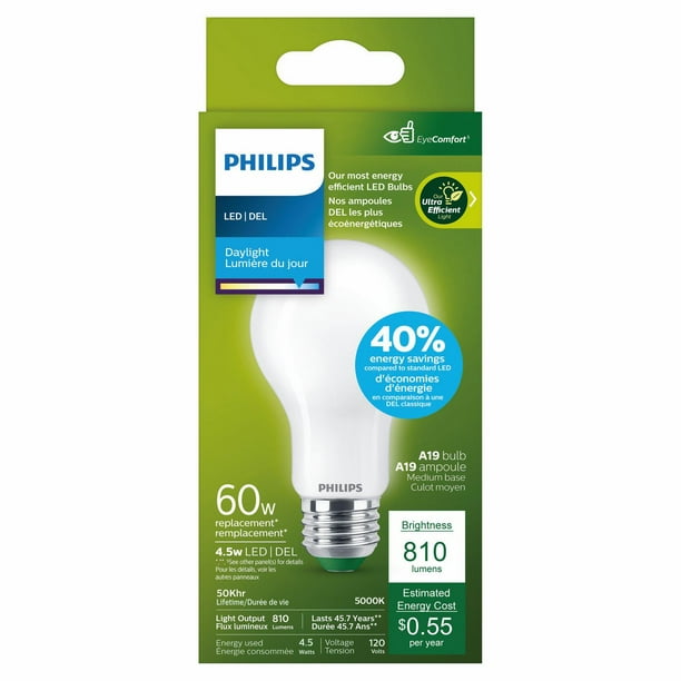 Philips Ultra Definition LED 60-Watt A19 Light Bulb, Frosted Daylight,  Dimmable, E26 Base (4-Pack)