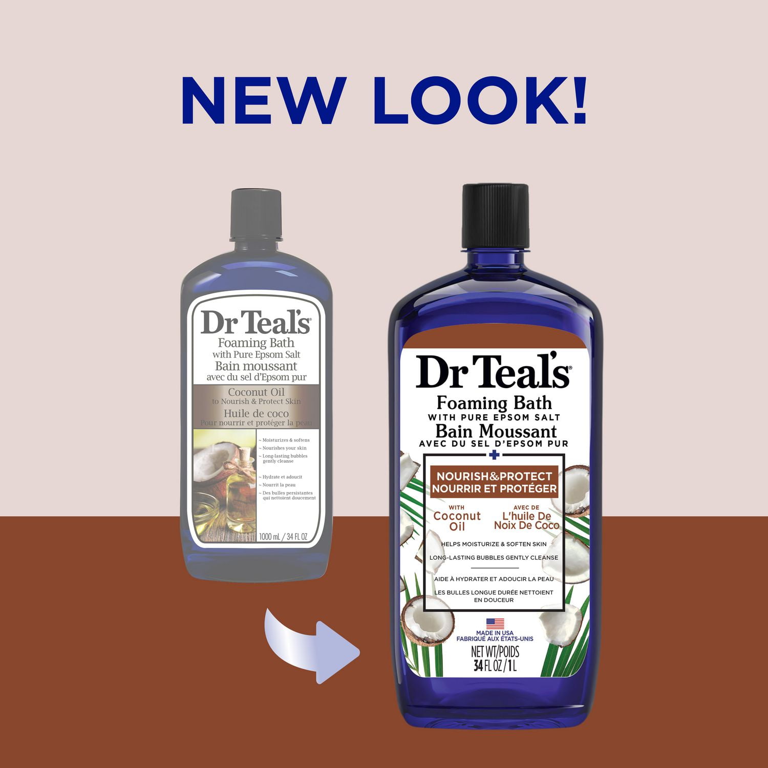Dr Teal's Foaming Bath with Pure Epsom Salt, Nourish & Protect with Coconut Oil (Packaging May Vary), 34 fl oz / 1 L