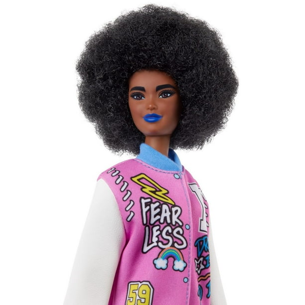 Barbie Fashionistas Doll #156 with Brunette Afro & Blue Lips Wearing  Graphic Coat Dress & Yellow Shoes, Toy for Kids 3 to 8 Years Old