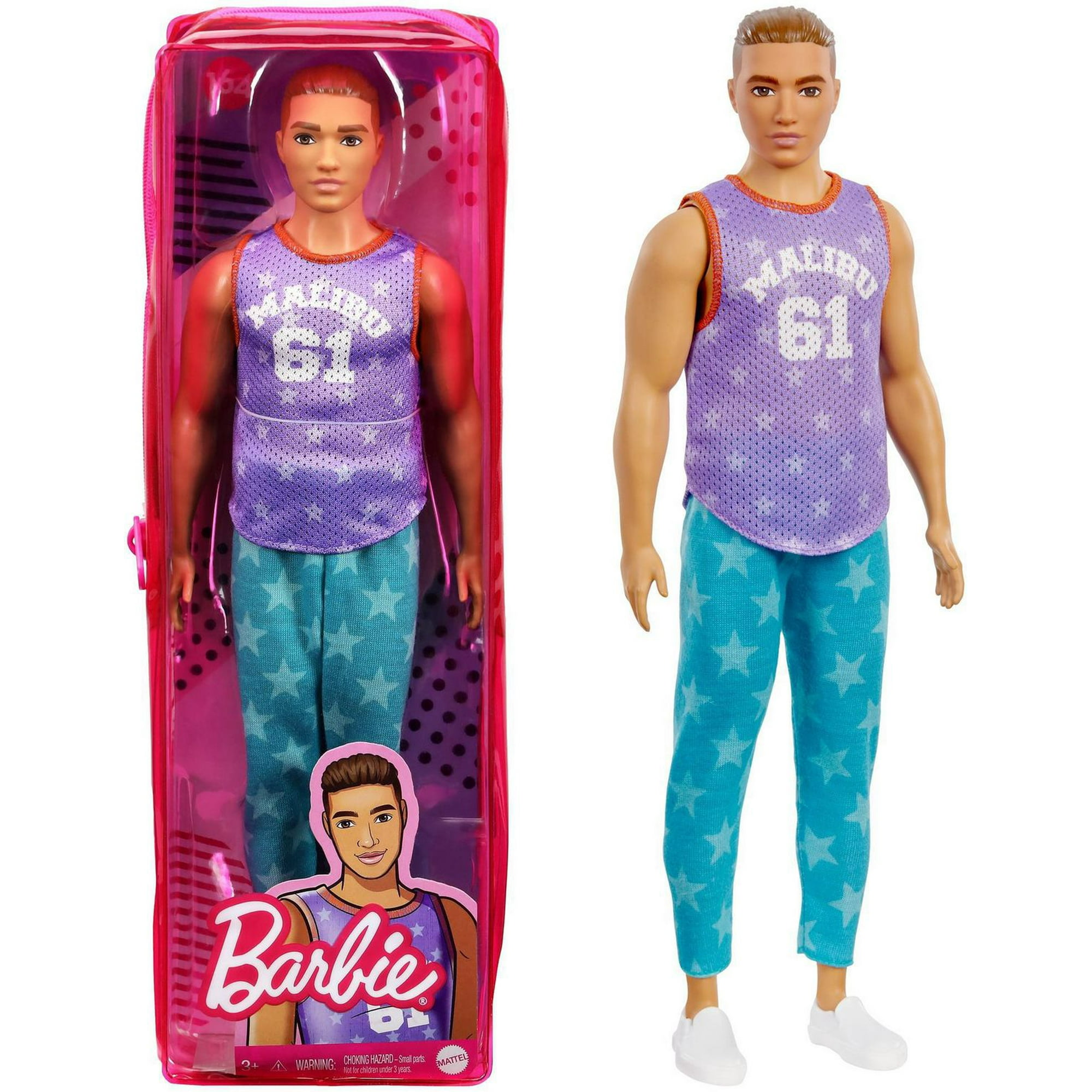 Barbie Ken Fashionistas Doll #165 with Sculpted Brown Hair Wearing Purple  “Malibu” Top, Blue Starred Joggers & White Shoes 