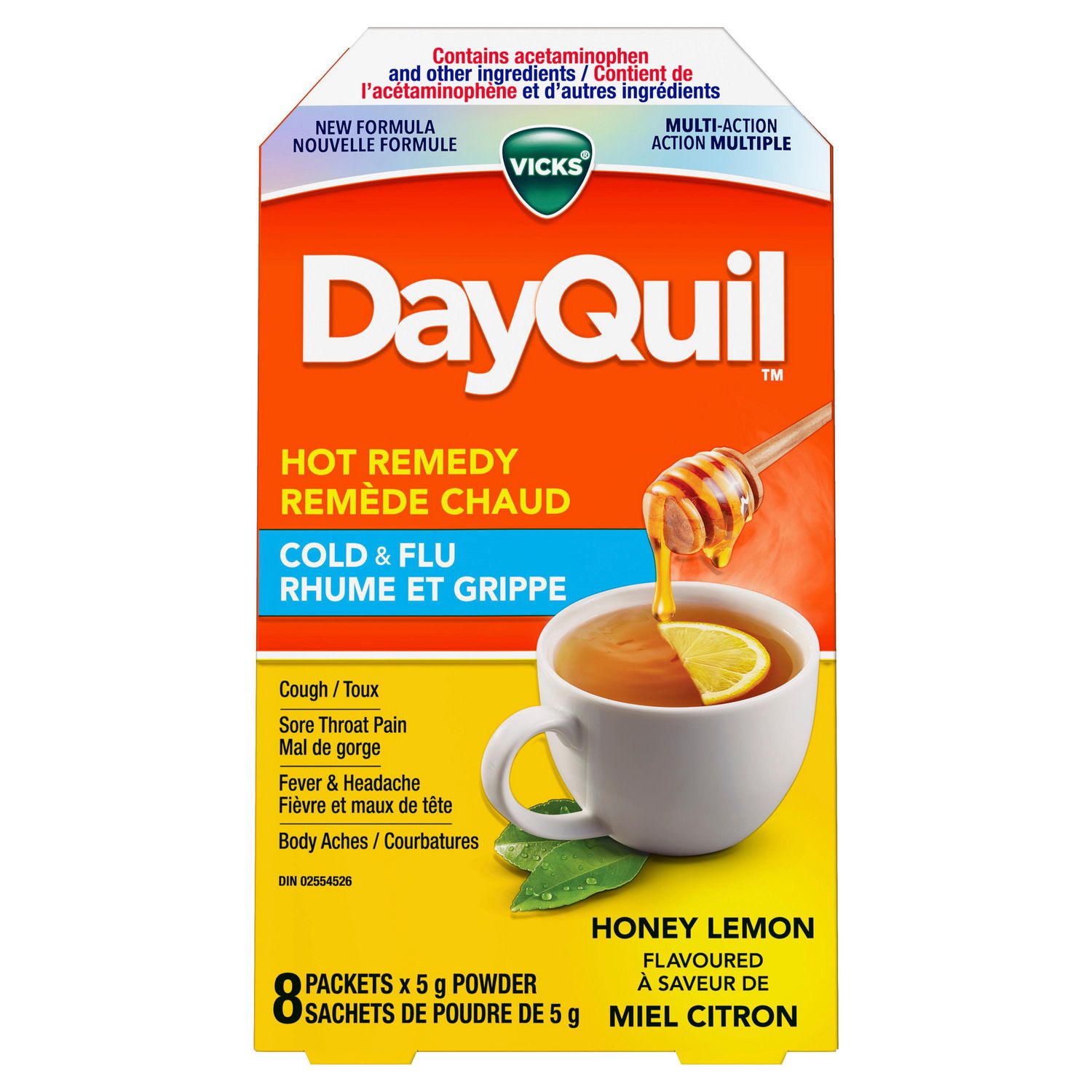 DayQuil Hot Remedy Cold & Flu Medicine, Daytime, Non-Drowsy Relief for Fever & Headache, Sore Throat Pain, Cough, Multi-Action, Honey Lemon Flavoured, 8 Powder Packets