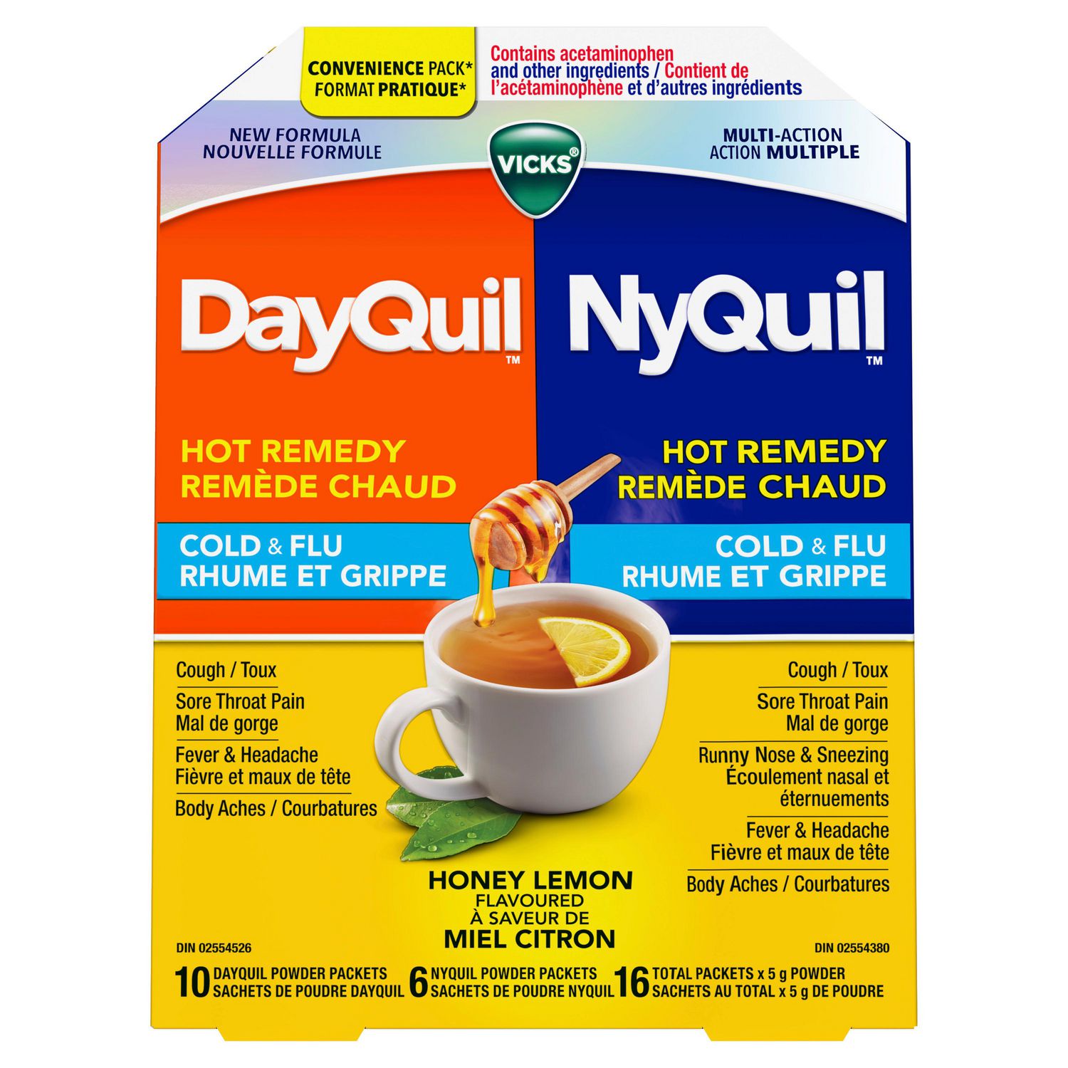 NyQuil Hot Remedy Cold & Flu Medicine, Nighttime, Relief for Fever & Headache, Sore Throat Pain, Runny Nose, Cough, Multi-Action, Honey Lemon Flavoured, 8 Powder Packets