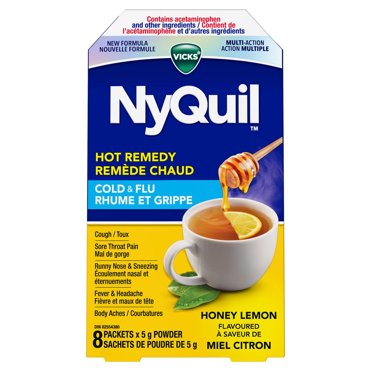 DayQuil and NyQuil Convenience Pack Hot Remedy Cold & Flu Medicine, Daytime & Nighttime, Relief for Fever & Headache, Sore Throat Pain, Cough, Multi-Action, Honey Lemon Flavoured, 16 Powder Packets