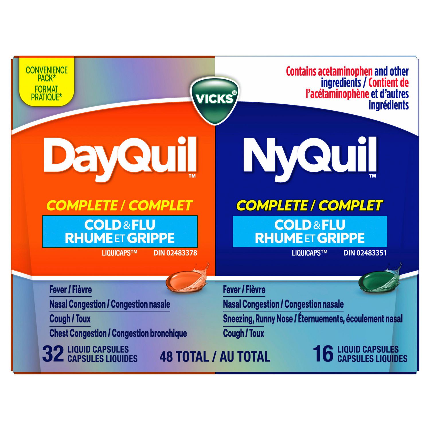 Vicks DayQuil & NyQuil COMPLETE Cold & Flu Relief Medicine. Relieves Headache, Fever, Sore Throat Pain, Minor Aches, Nasal Congestion, Sinus Pressure, Stuffy Nose, and Cough, Convenience Pack, 48 Liquicaps, 16 NyQuil Liquicaps, 32 DayQuil Liquicaps