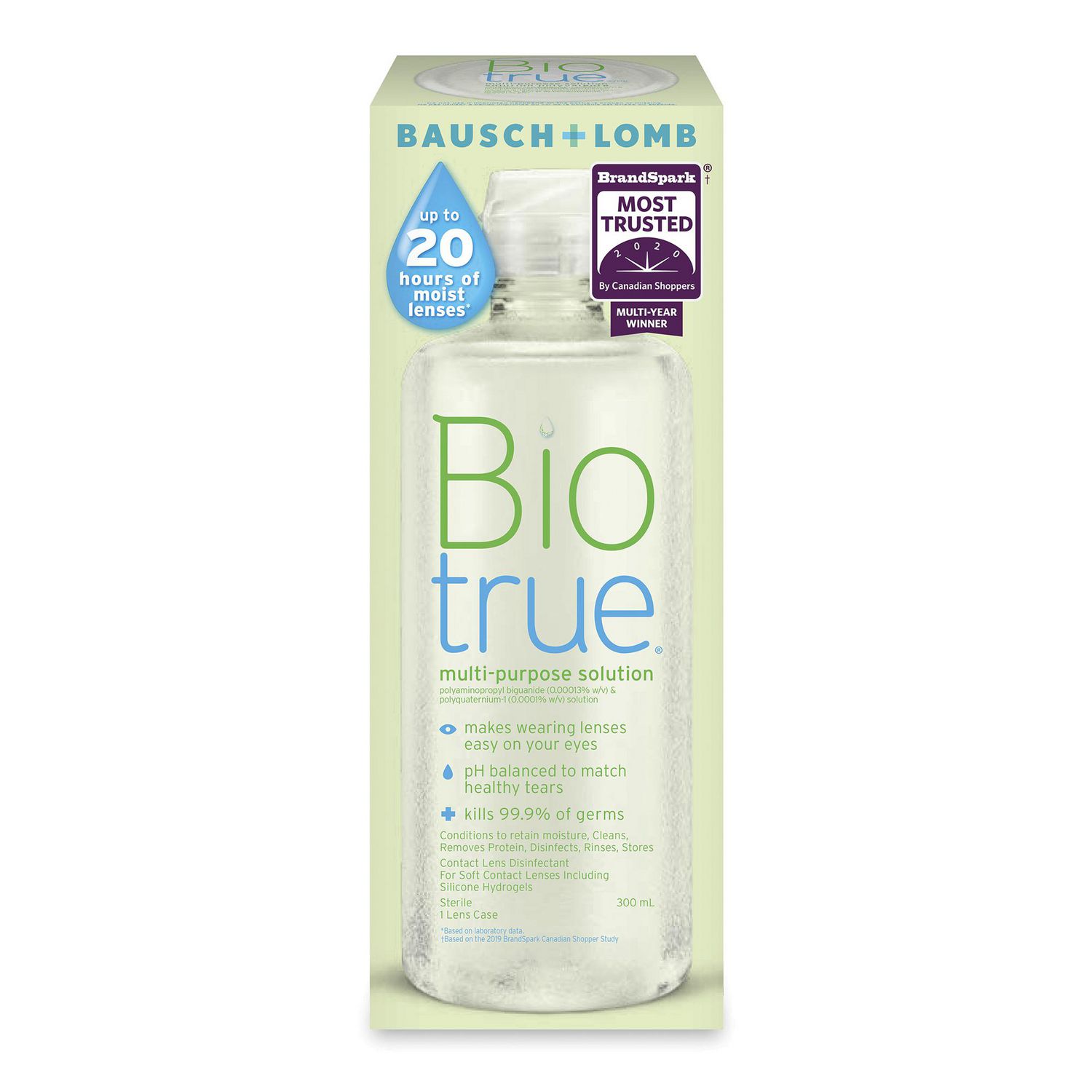 Bausch & Lomb Biotrue Multi-Purpose Solution front-facing plastic bottle with teal-green label and white cap showing brand name; multi-purpose disinfecting solution for contact lenses that provides up to 20 hours of moisture, matches healthy tear pH, and is used to rinse, store and soak lenses; suitable for rinsing lens cases between uses.